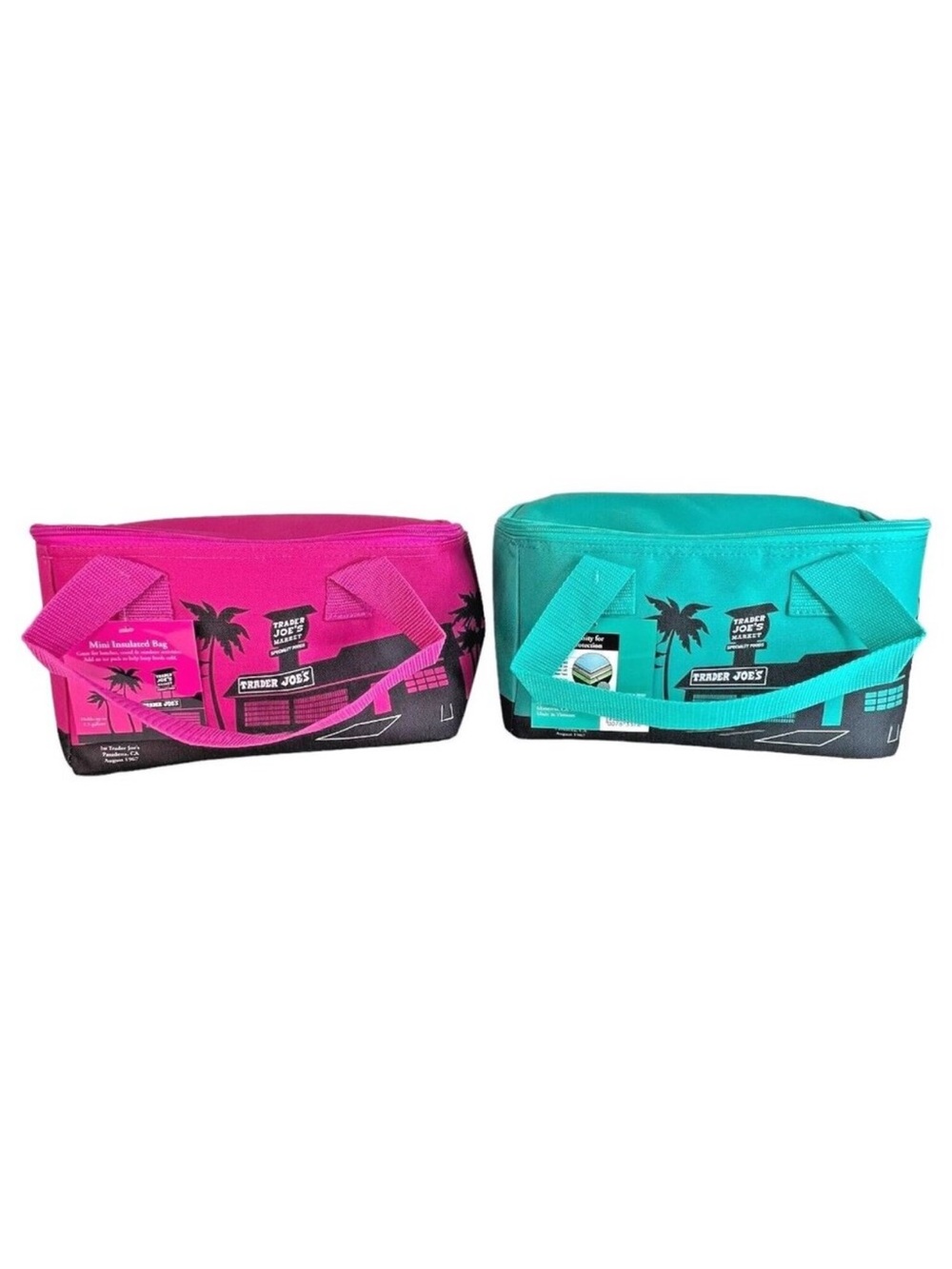 2 NEW Trader Joe's MINI Insulated Tote Bag Set Pink And Teal Limited 1.5 Gallon